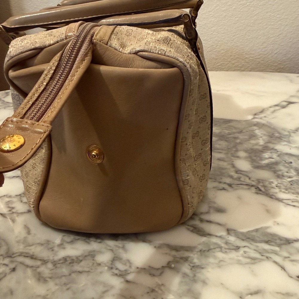 Vintage Gucci GG Monogram Boston Bag Tan Leather Trim top handle FLAW - Picture 15 of 16
